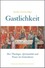 Buchcover "Gastlichkeit". Auf weißem Untergrund  ist eine Mahlszene zu sehen, darunter steht in blauer Schrift der Titel.